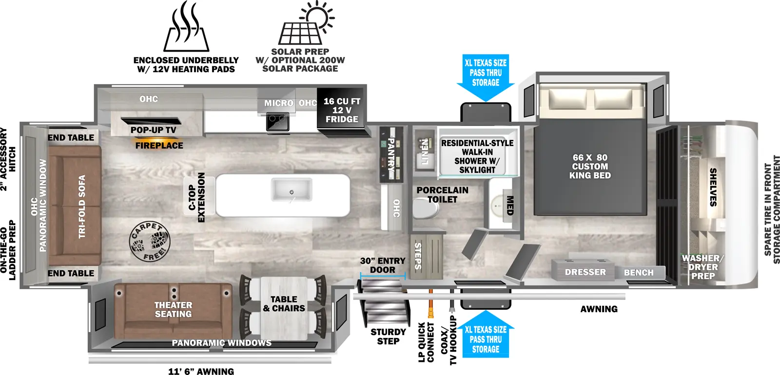 The Hemisphere Fifth Wheels 325RL floorplan has one entry and three slide outs. Exterior features include: fiberglass exterior and 13' & 11'6" awning. Interiors features include: kitchen island, free-standing dinette option, front bedroom and rear living.